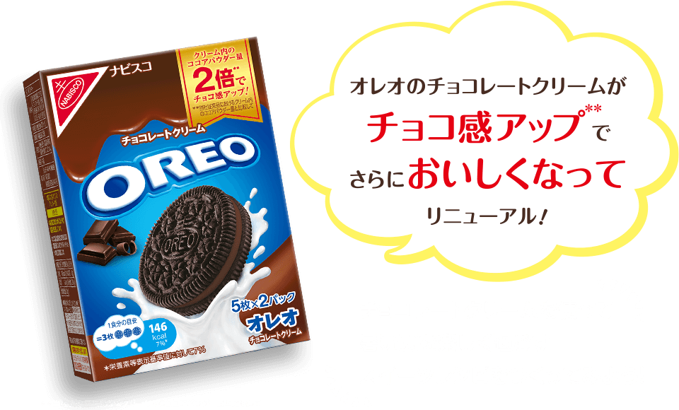 オレオのチョコレートクリームがチョコ感**アップでさらにおいしくなってリニューアル！チョコレートクリームを使って暑い夏を楽しく過ごすスイーツレシピをつくってみよう！**当社従来品におけるクリームないのココアパウダー量と比較して