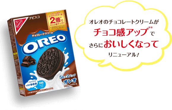 オレオのチョコレートクリームがチョコ感**アップでさらにおいしくなってリニューアル！チョコレートクリームを使って暑い夏を楽しく過ごすスイーツレシピをつくってみよう！**当社従来品におけるクリームないのココアパウダー量と比較して